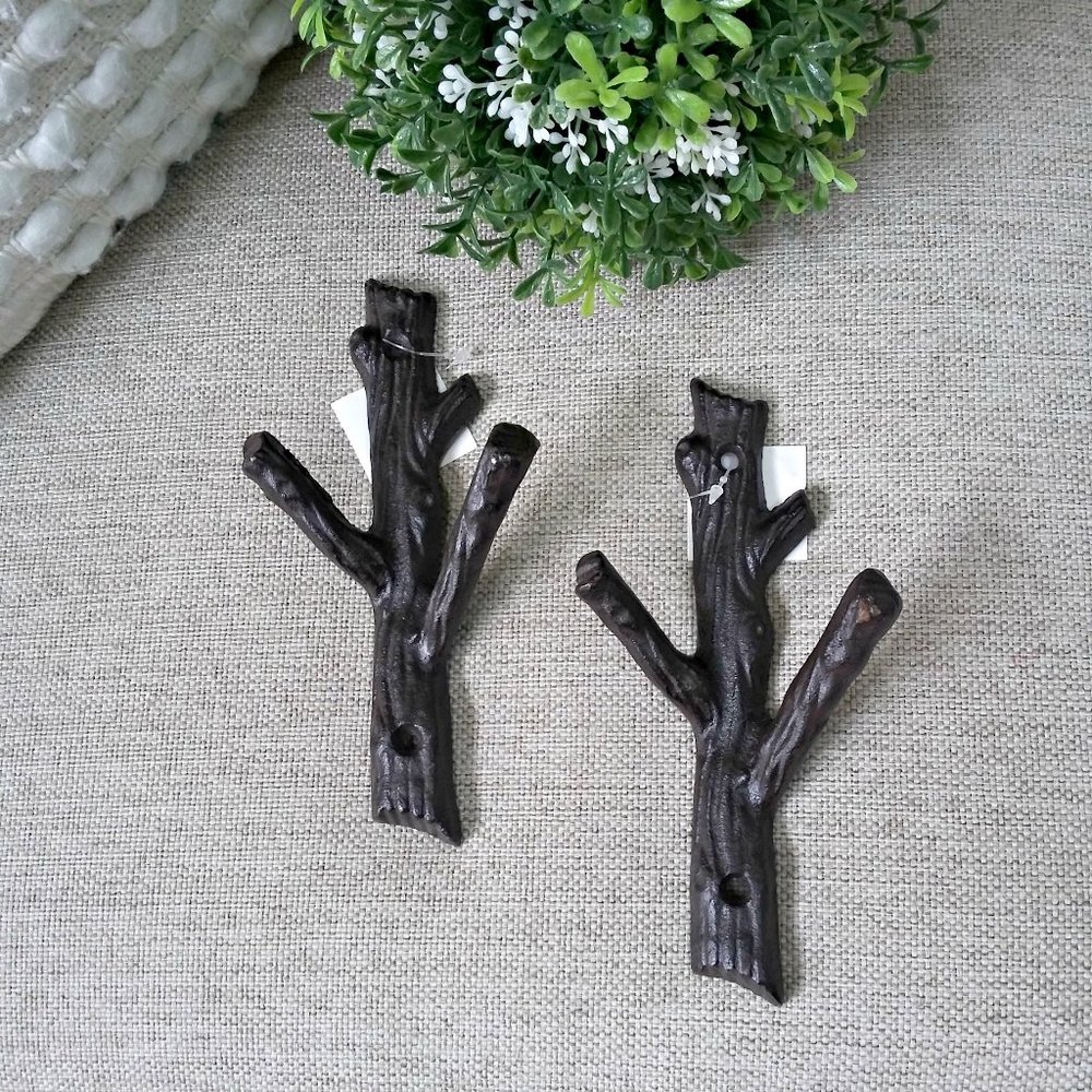 NEW! SET/2 RUSTIC Cast METAL BRANCH Twigs WALL HOOKS
